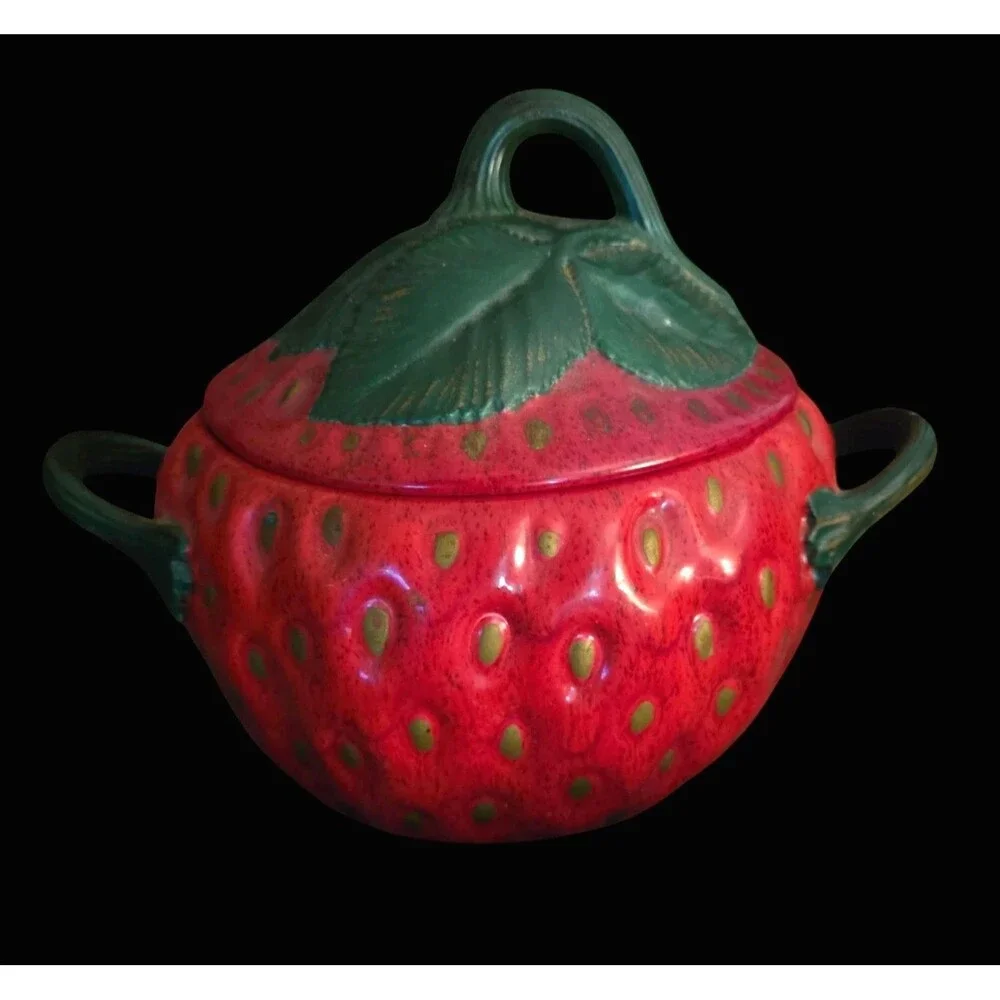 Vintage 1970s Ceramic Strawberry  Serving Bowl Cookie Jar w/ Lid 11